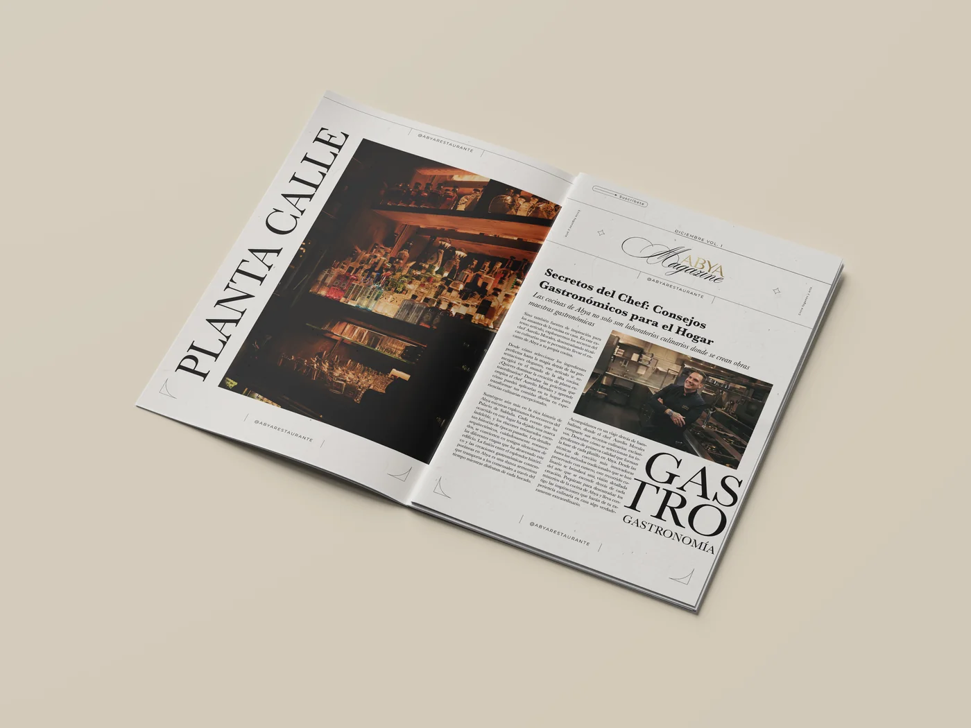 Doble página de Abya Magazine: Planta Calle y Secretos del Chef