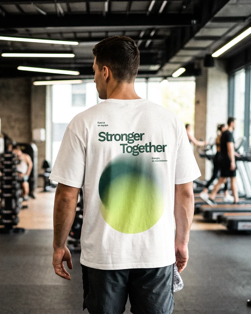 Camiseta de Sano con el lema Stronger Together y una esfera en gradiente verde, en un gimnasio