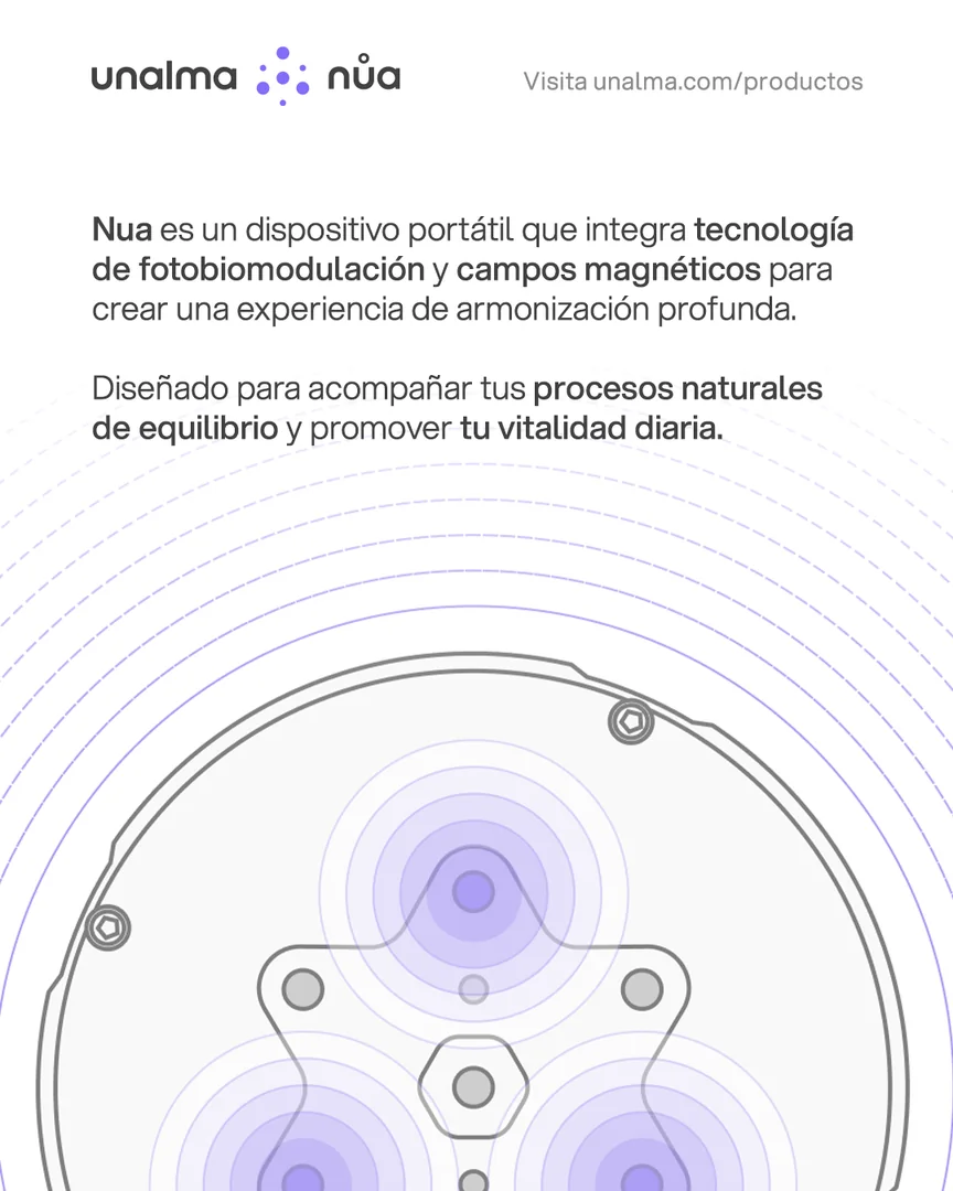 Qué es nůa: fotobiomodulación y campos magnéticos, con ilustración técnica del dispositivo