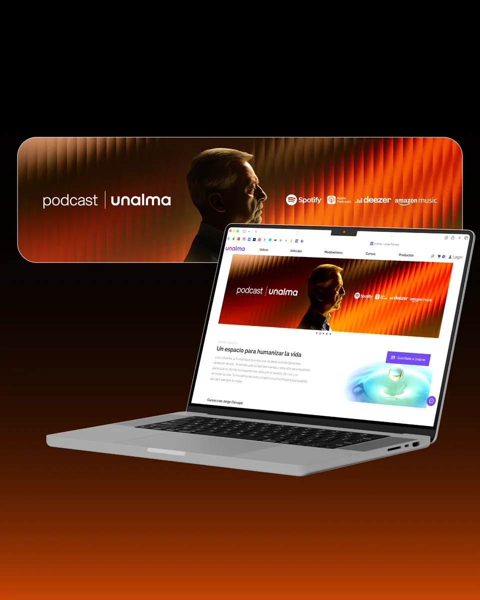 Banner del podcast de Unalma con logos de Spotify, Apple Podcasts, Deezer y Amazon Music, aplicado en la web